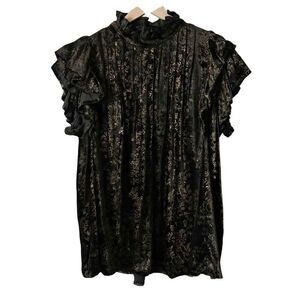 Victoria Dunn Black Cotton Velvet Ruffled Sleeveless Blouse Size Medium
